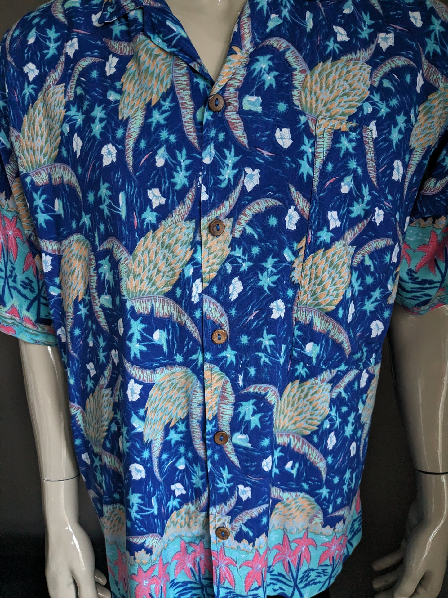 Rainbow Jo Maui origineel Hawaii overhemd korte mouw. Blauw oranje roze groene print. Maat XL.