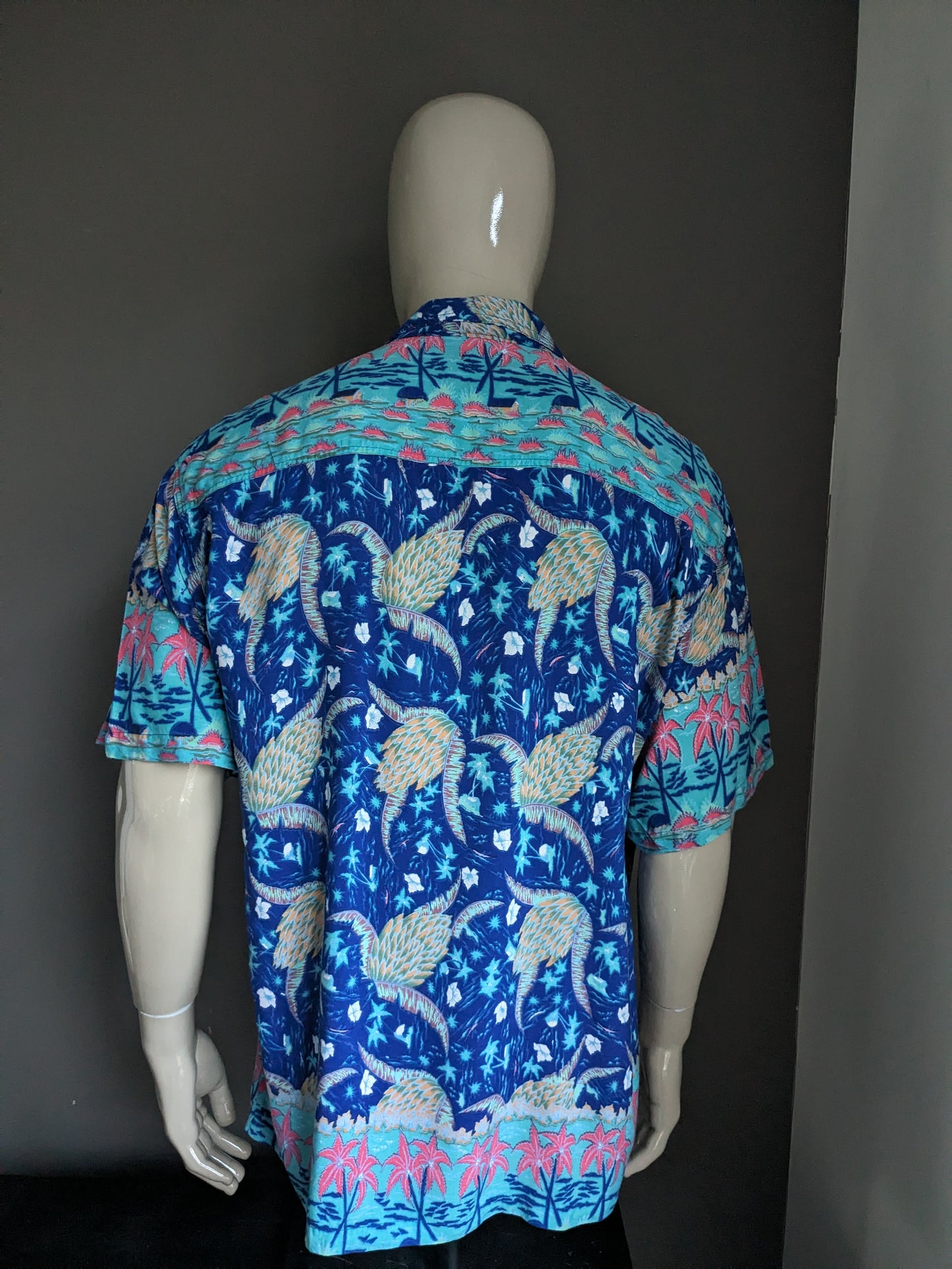 Rainbow Jo Maui Shirt corta hawaii originale. Stampa verde rosa arancione blu. Taglia XL.