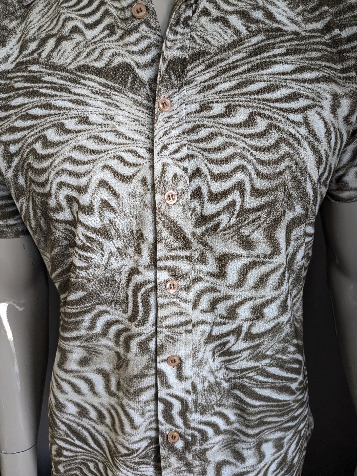 Vintage Marcellan Shirt short sleeve. Beige brown print. Size L. Stretch.