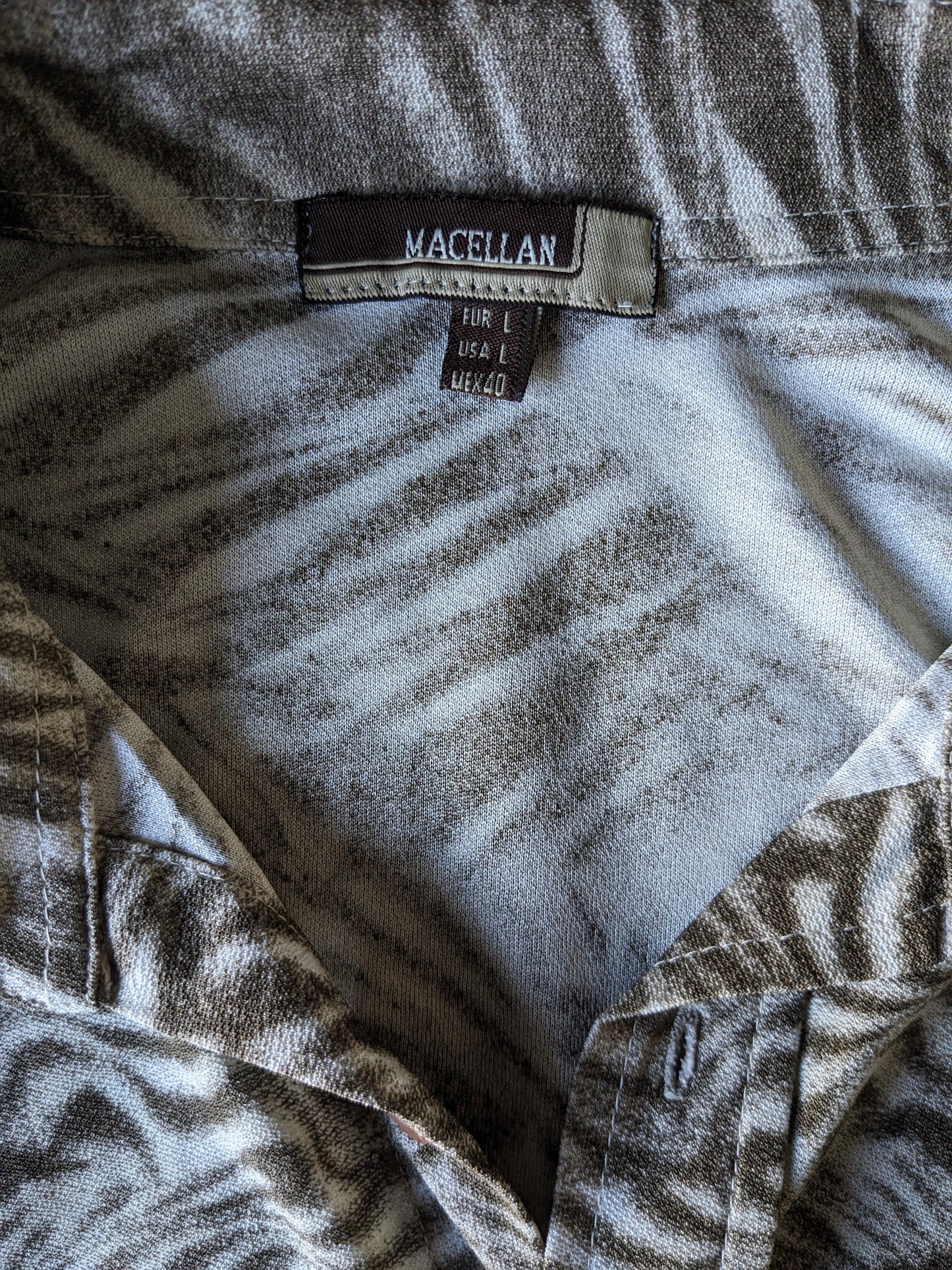 Sleeve corta di camicia Marcellana vintage. BEIGE Brown Print. Taglia L. Allungamento.