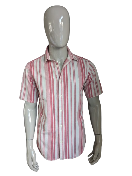 Camisa de manga corta de Selected Homme. Rayas beige rojas. Talla L. Ajuste regular.