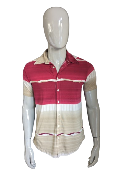 Vintage CSC overhemd korte mouw. Bruin Beige Rood gekleurd. Maat L. Stretch.