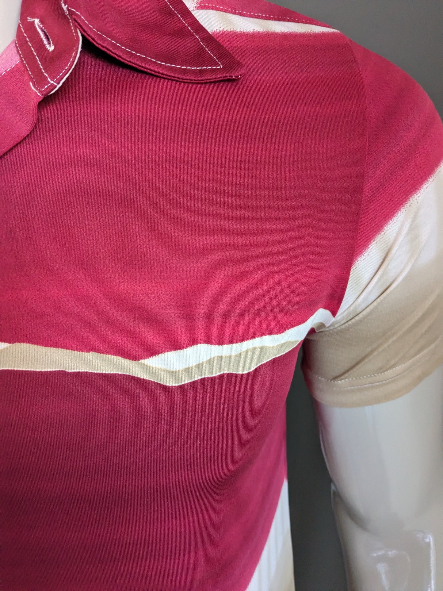 Vintage CSC overhemd korte mouw. Bruin Beige Rood gekleurd. Maat L. Stretch.