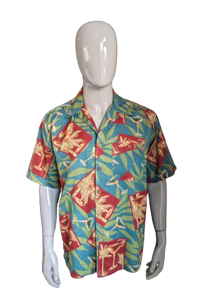 Banana Cabana original Hawaii overhemd korte mouw. Rood Groen Blauw print. Maat L / XL.