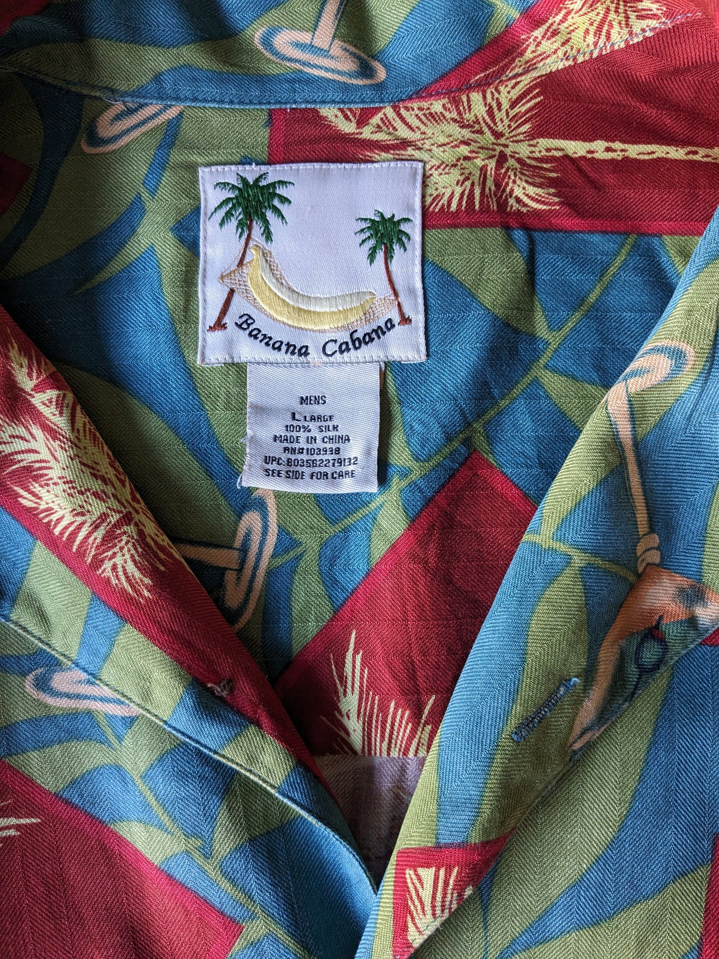 Banana Cabana Casta corta hawaii originale. Stampa blu verde rosso. Taglia L / XL.