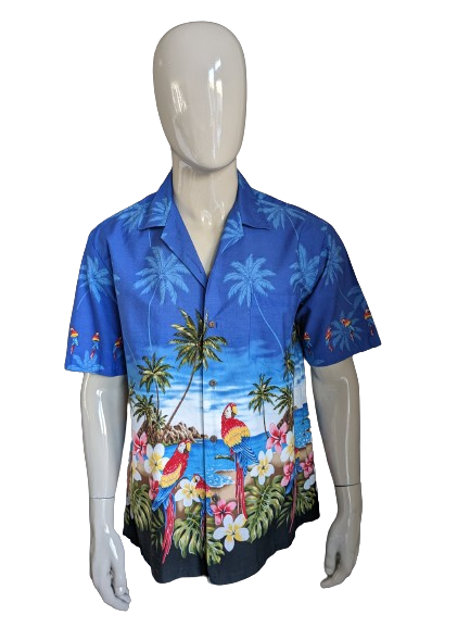 Pacific Legend Hawaii overhemd korte mouw. Gekleurde Papegaai print. Maat L.