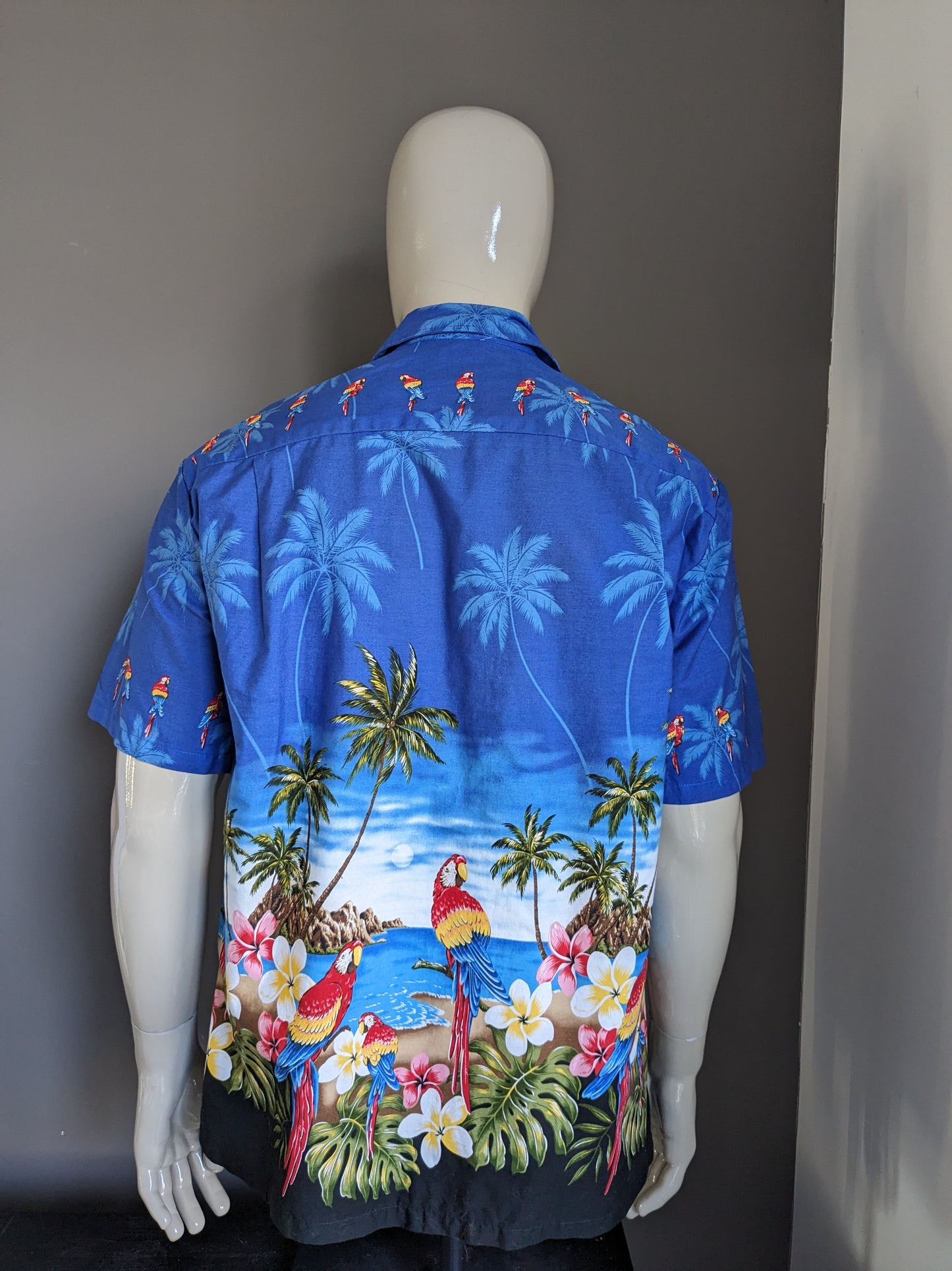 Pacific Legend Hawaii overhemd korte mouw. Gekleurde Papegaai print. Maat L.