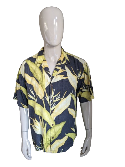 Tommy Bahama Original Silk Hawaii Hemd Kurzarm. Gelbgrün schwarzer Druck. Größe xl.