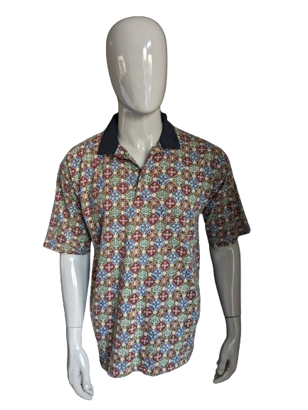 Vintage Natural Issue polo. Groen Rood Blauwe print. Maat L / XL. Stretch.