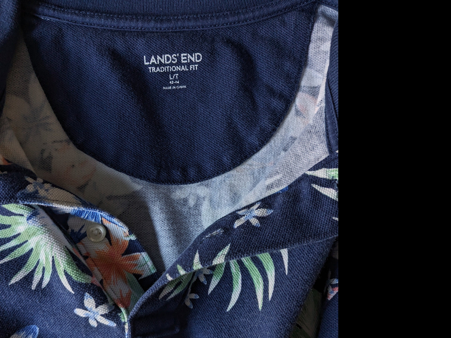 Lands' End Polo. Blue Green Orange Flowers Print. Size L. Traditional Fit.