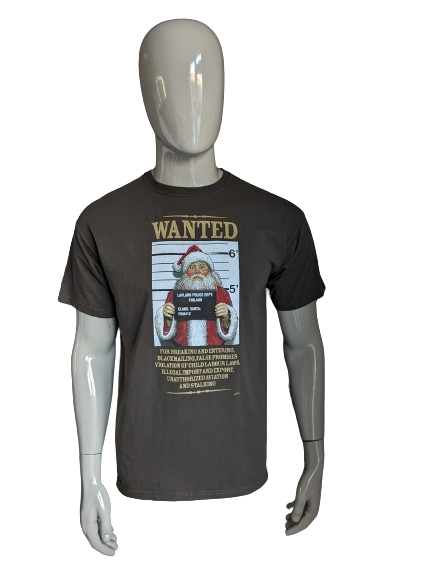 Fruit of the Loom Wanted Santa Claus shirt. Brown with print. Size L.