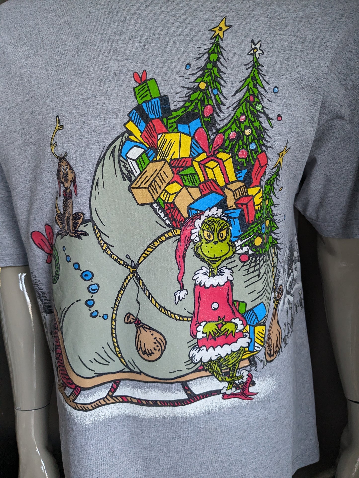 Dr. Seuss La camicia di Natale Grinch. Grigio con stampa anteriore e posteriore. Taglia XL.