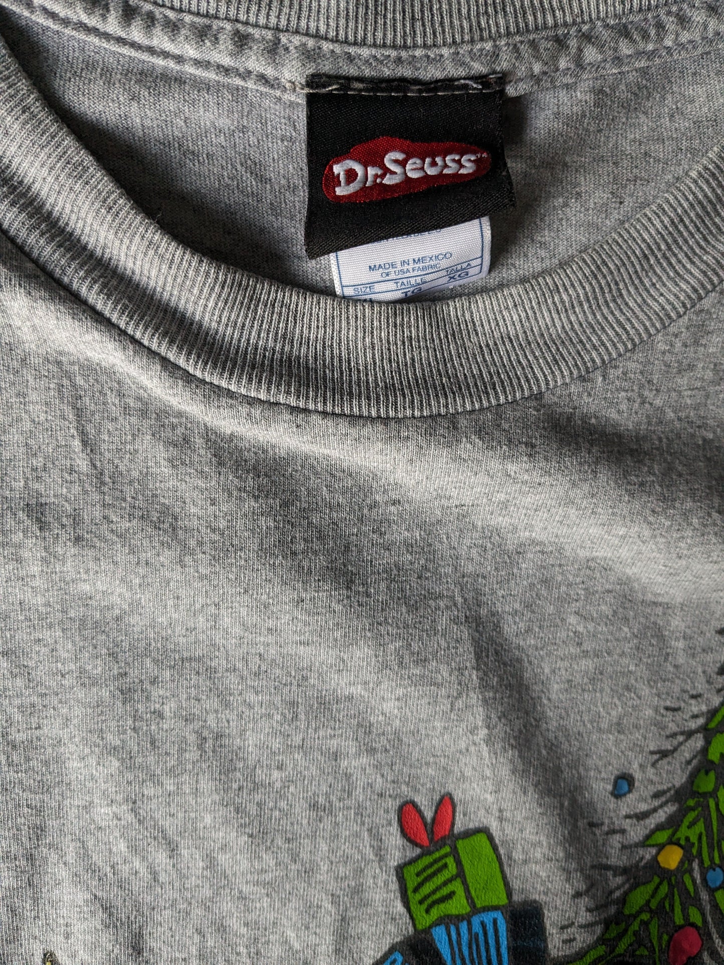 Dr. Seuss the Grinch Xmas shirt. Gray with print front and back. Size XL.