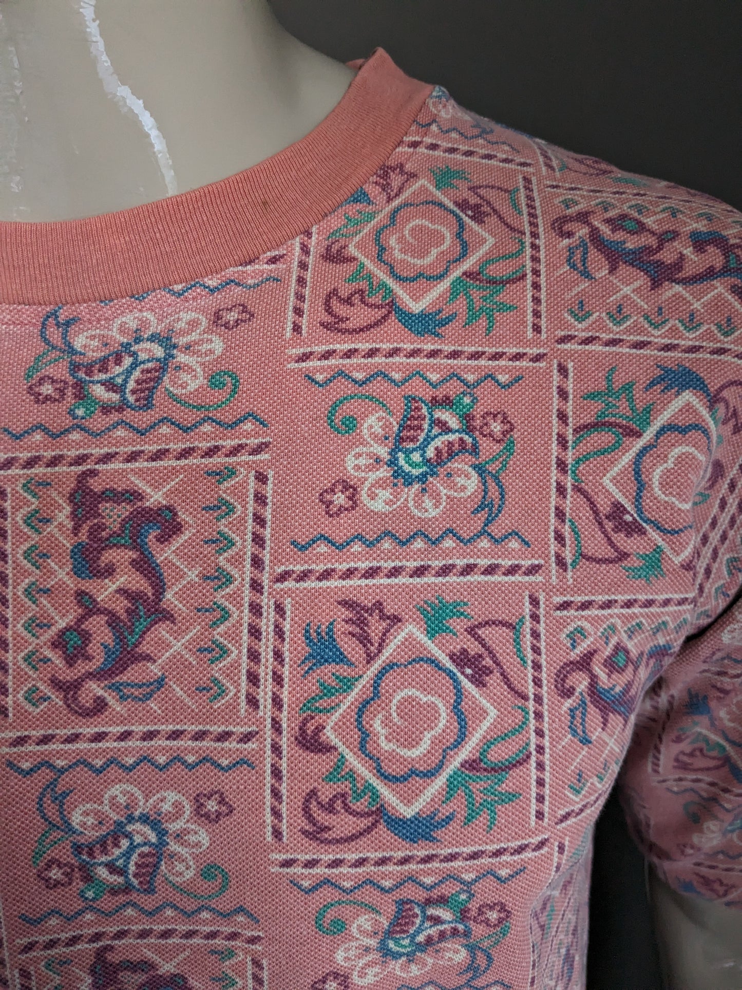 Vintage Winch shirt. Roze Rood Blauw Groene print. Maat L.