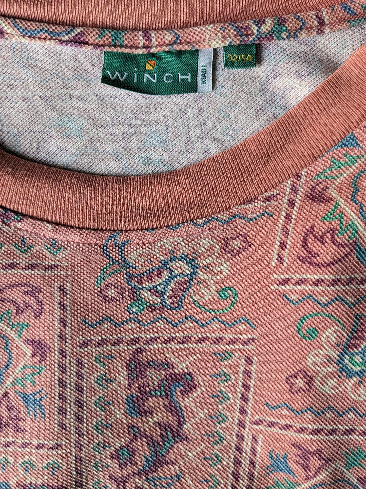 Vintage Winch shirt. Roze Rood Blauw Groene print. Maat L.
