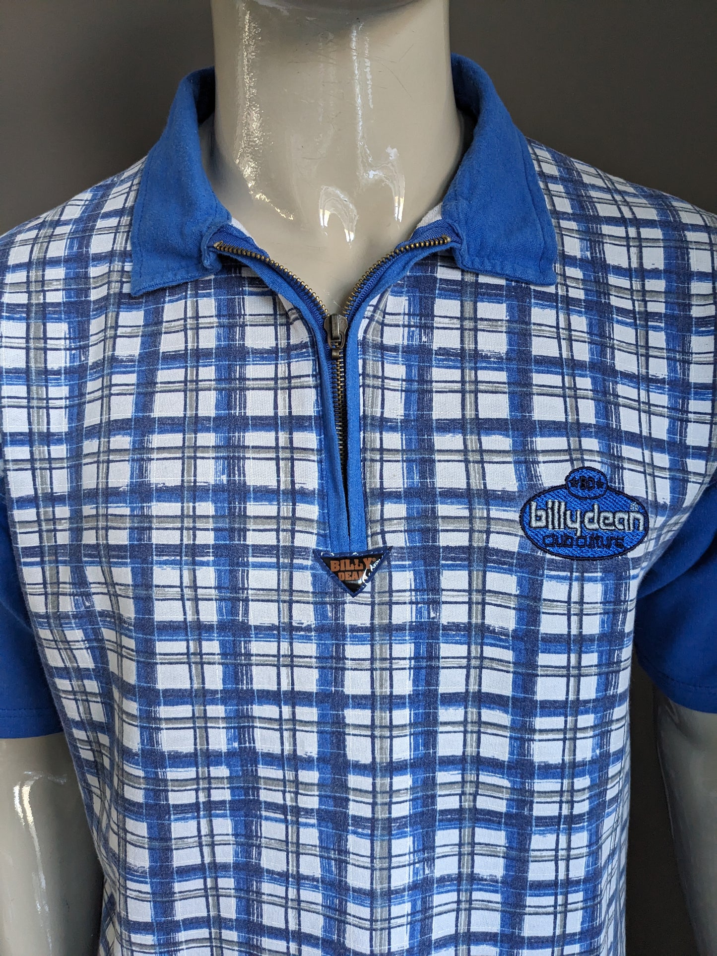 Vintage Billy Dean Polo with zipper. Blue white gray checked. Size L.