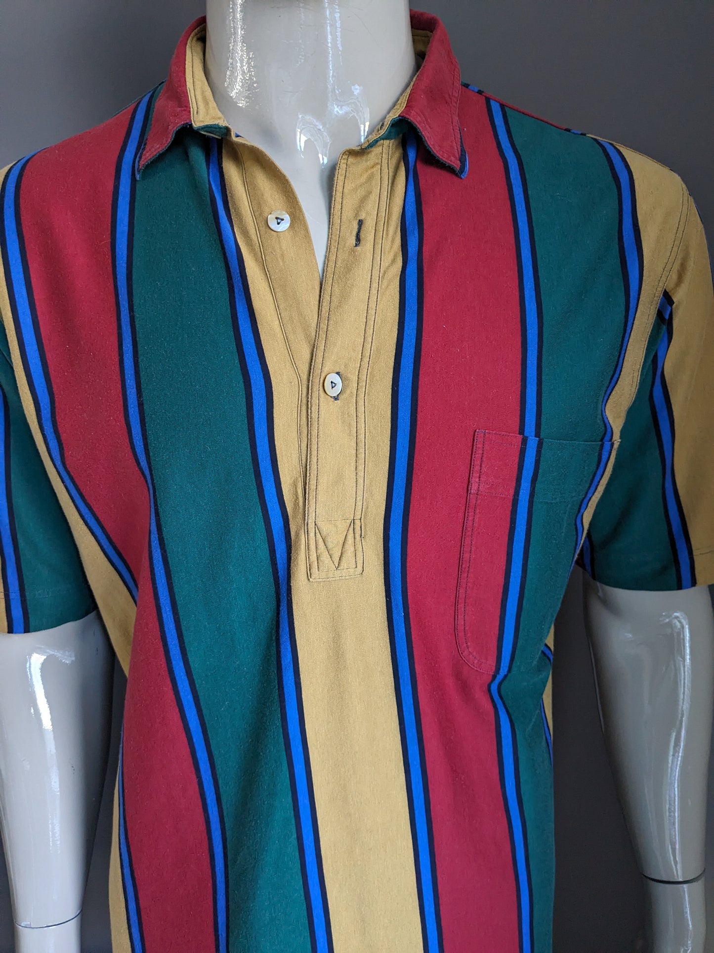 Vintage de Laack Royal Polo. Azul rojo verde amarillo rayado. Talla L.
