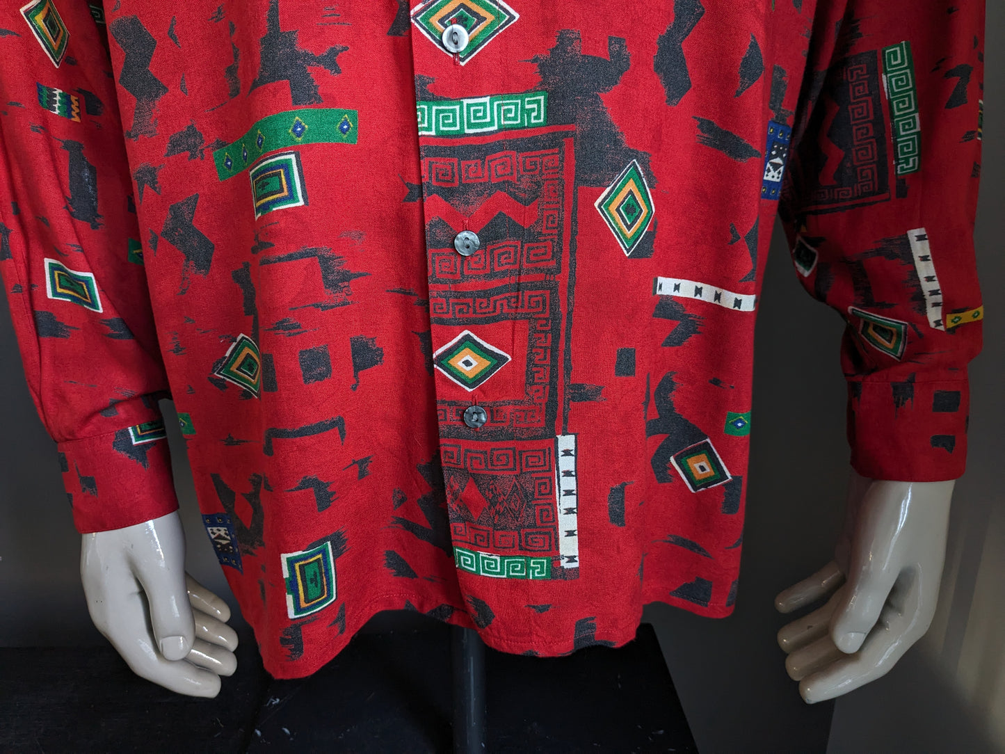 Camicia di stampa vintage a Hatico degli anni '90. Stampa gialla verde rosso. Taglia XL.