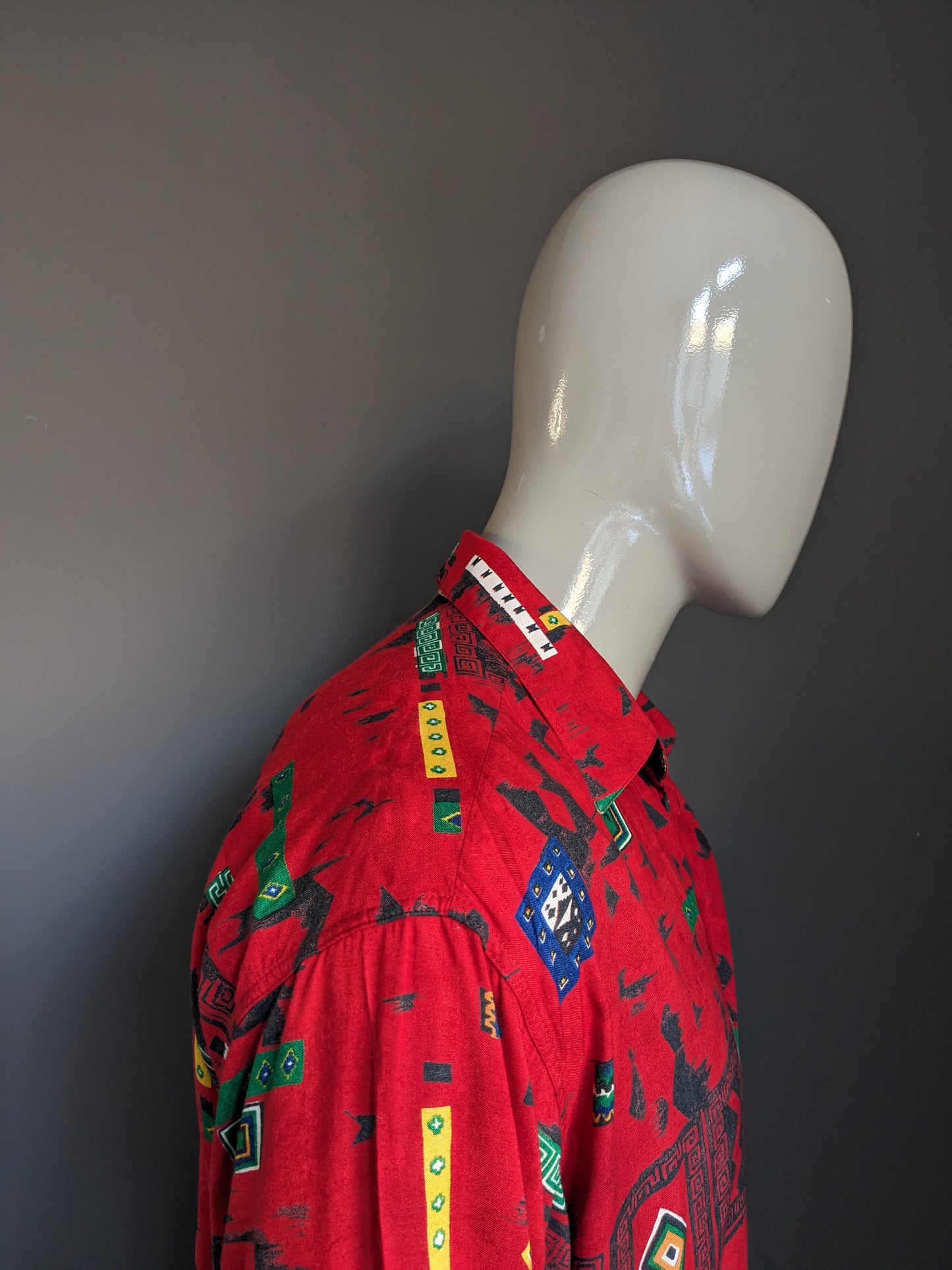 Vintage Hatico 90er Druckhemd. Rotgrüner gelber Druck. Größe xl.