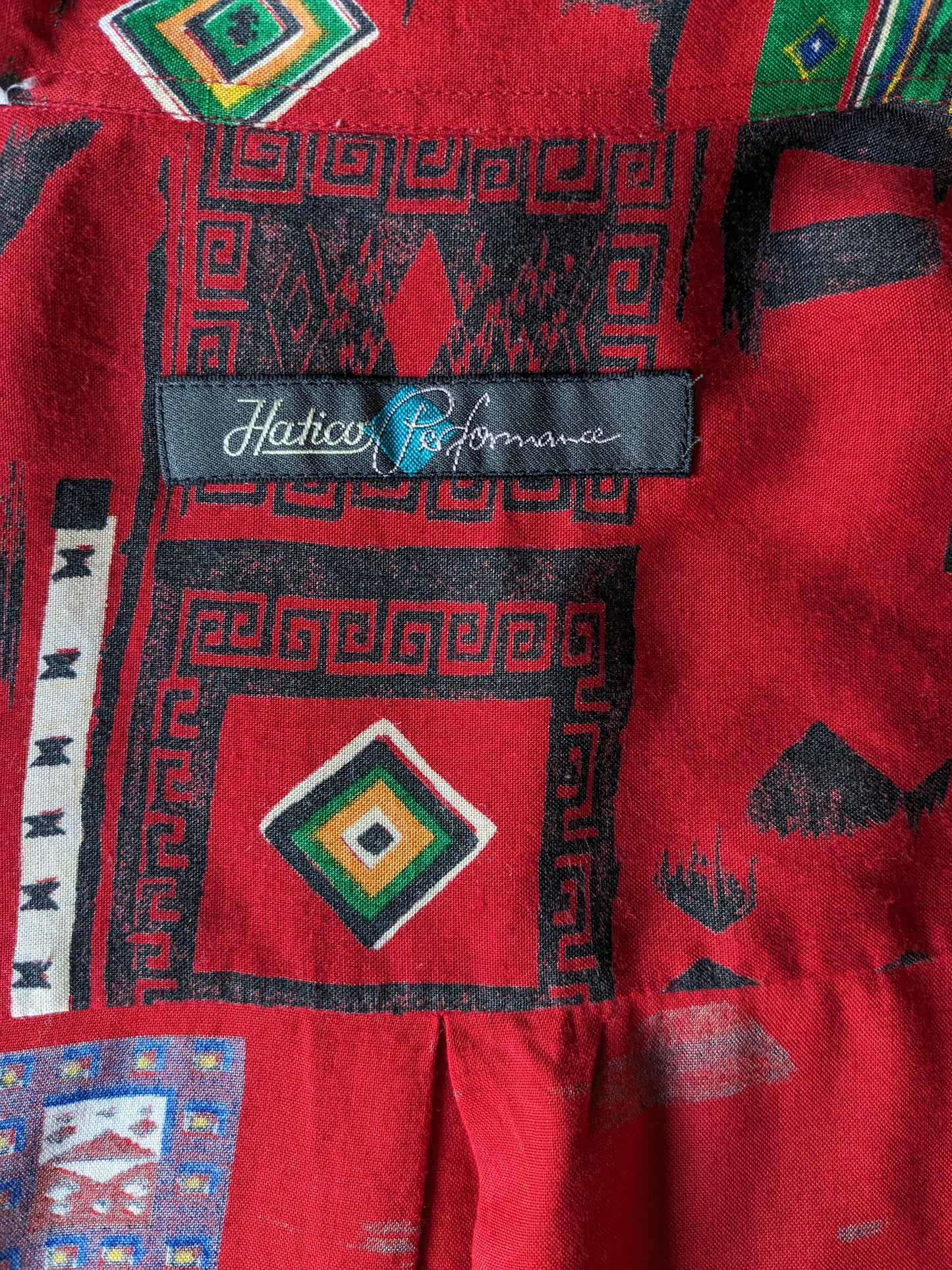 Camicia di stampa vintage a Hatico degli anni '90. Stampa gialla verde rosso. Taglia XL.