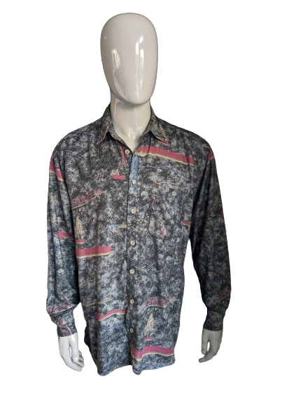 Vintage-Shirt mit 90er-Jahre-Print. Grau-schwarz-lila-grün-blauer Druck. Größe XL.