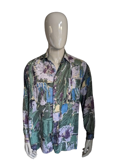 Camisa Vintage Rudnick 90. Impresión de color azul amarillo púrpura verde. Tamaño xl.