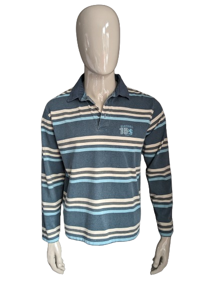 Vintage Budmil Polo -Pullover. Grün blau beige braun gestreift. Größe L.