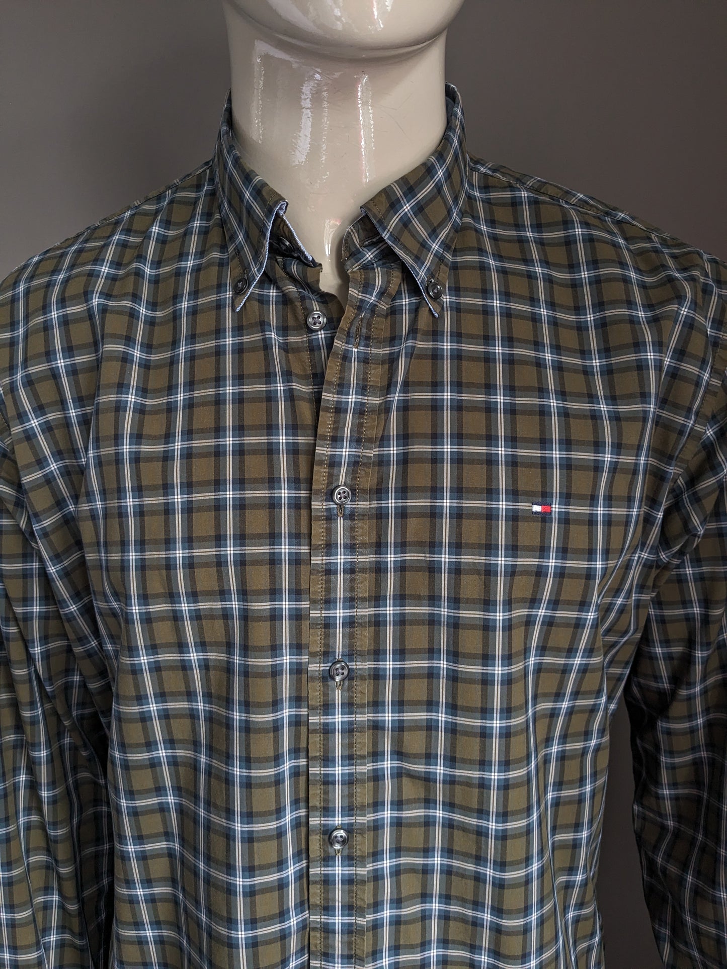 Tommy Hilfiger shirt. Green blue white checkered. Size XL. Custom fit.
