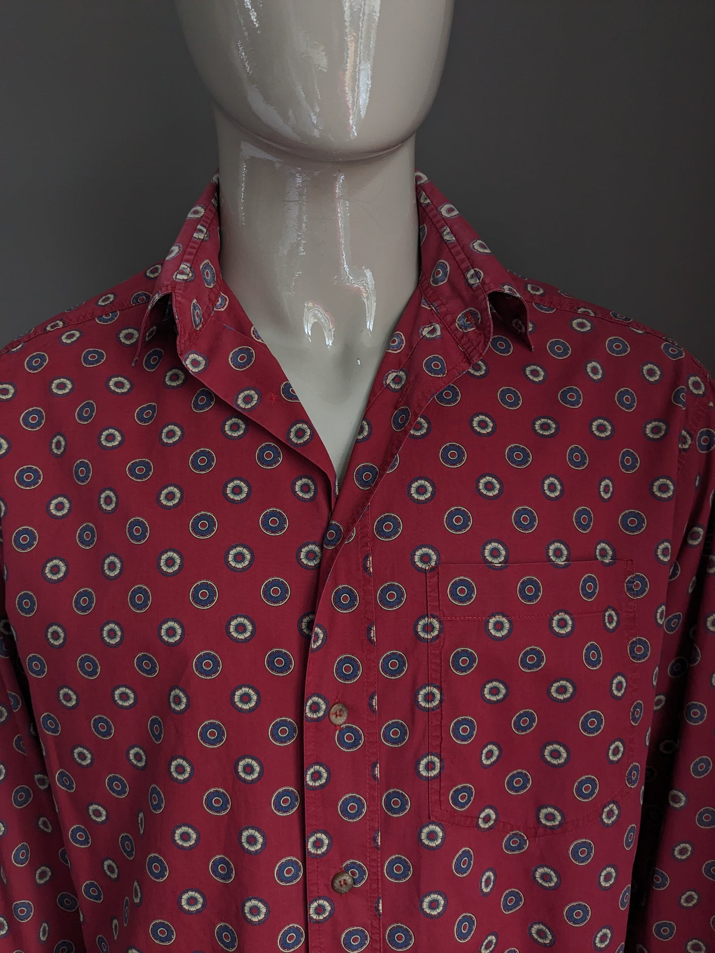 Vintage Valentino overhemd. Rood Blauw Gele print. Maat XL.