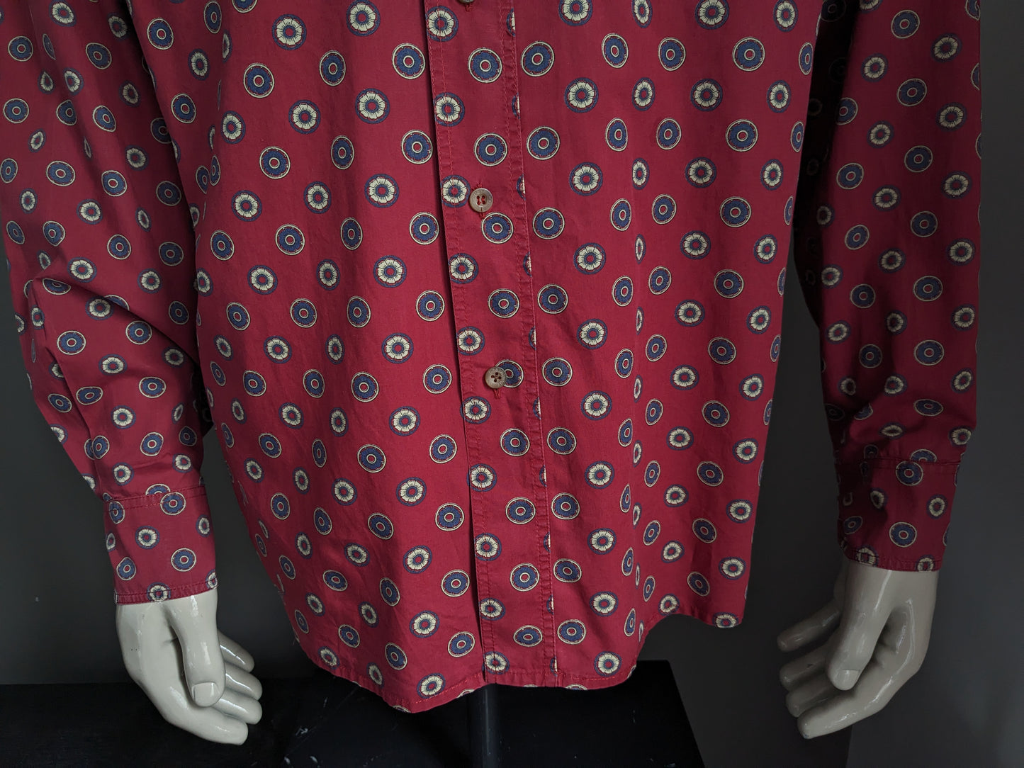 Vintage Valentino overhemd. Rood Blauw Gele print. Maat XL.