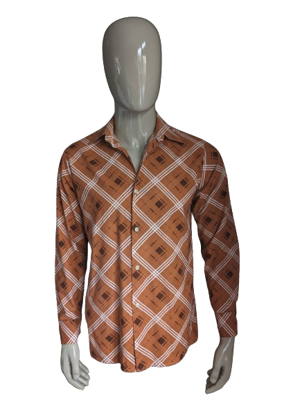 Vintage Sohaj 70's overhemd. Oranje Wit Bruine print. Maat L.