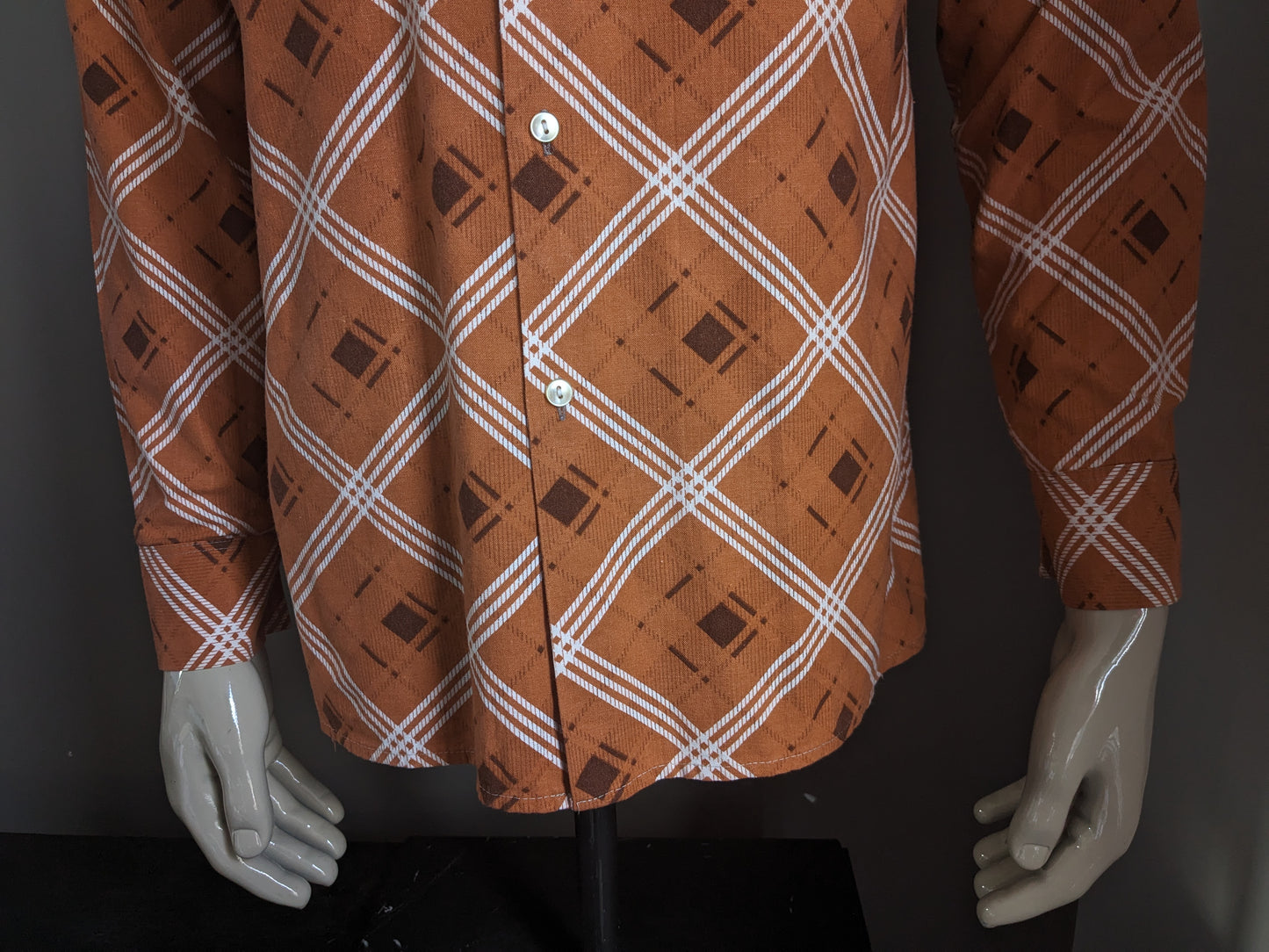 Vintage Sohaj 70er Hemd. Orangefarbener weißer brauner Druck. Größe L.