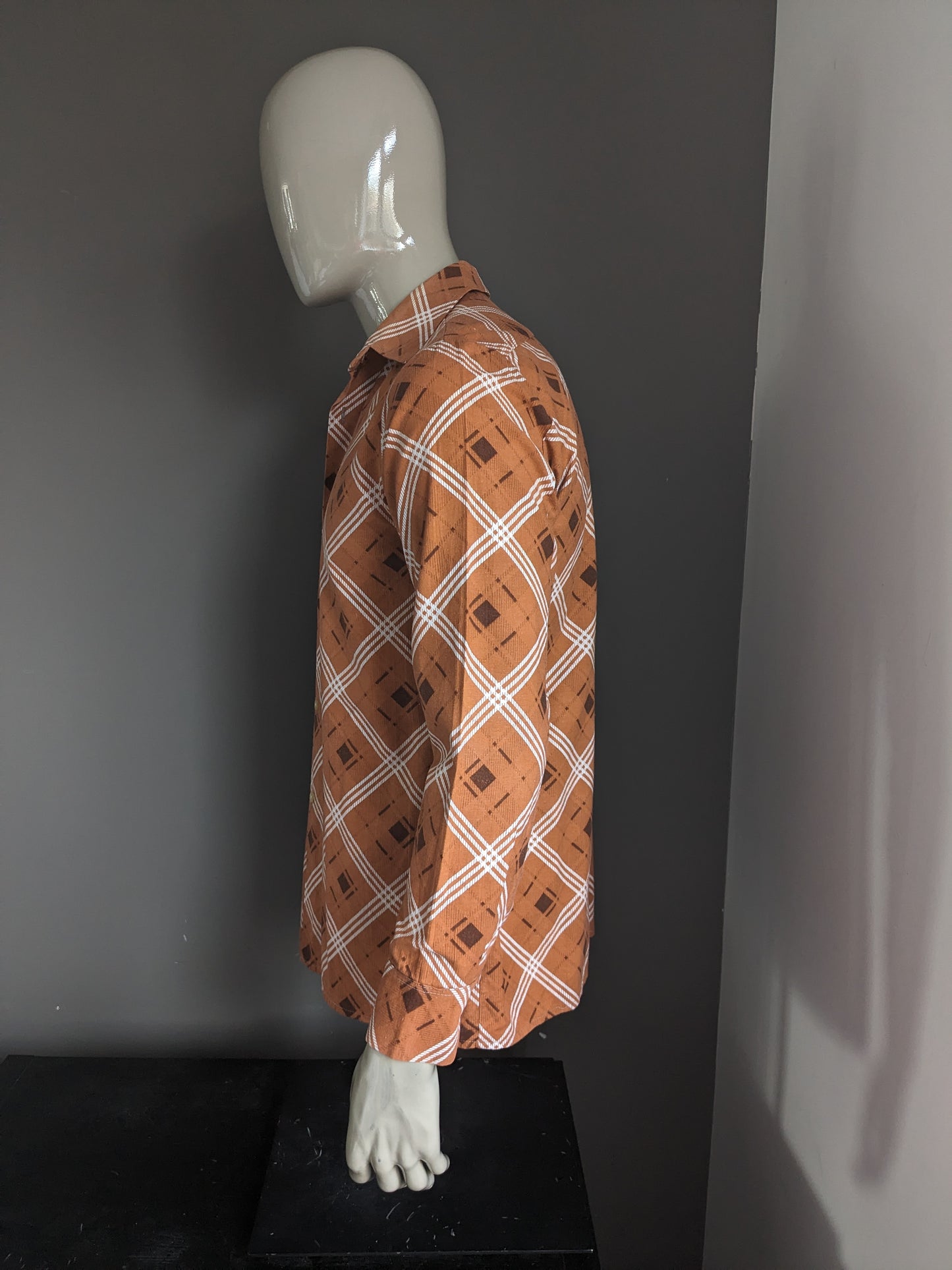 Camicia vintage Sohaj degli anni '70. Stampa marrone bianco arancione. Taglia L.