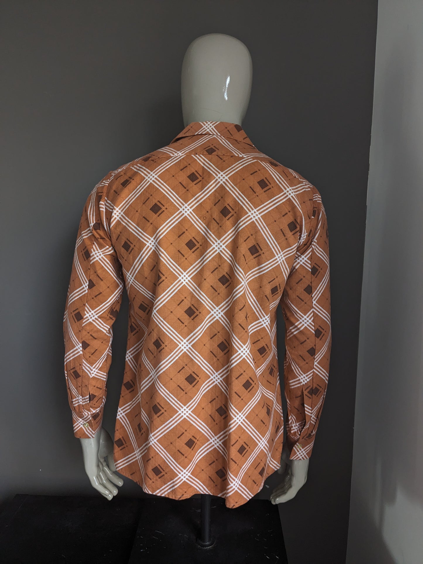 Camicia vintage Sohaj degli anni '70. Stampa marrone bianco arancione. Taglia L.
