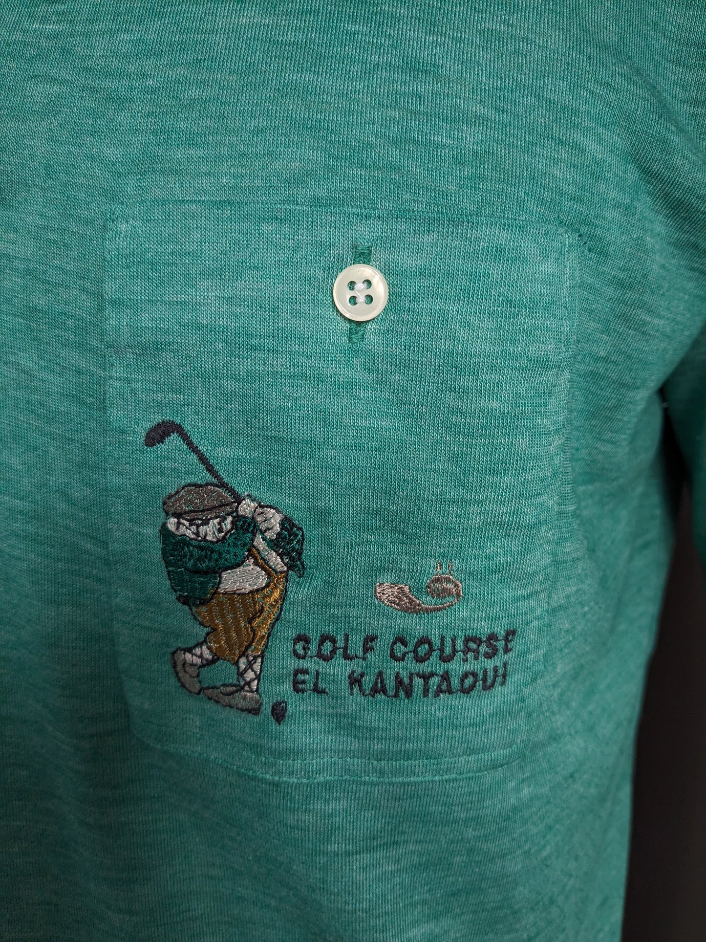 Vintage Gerard Bert Golf polo. "Golf Course el Kantaoui". Groen gemêleerd. Maat L.