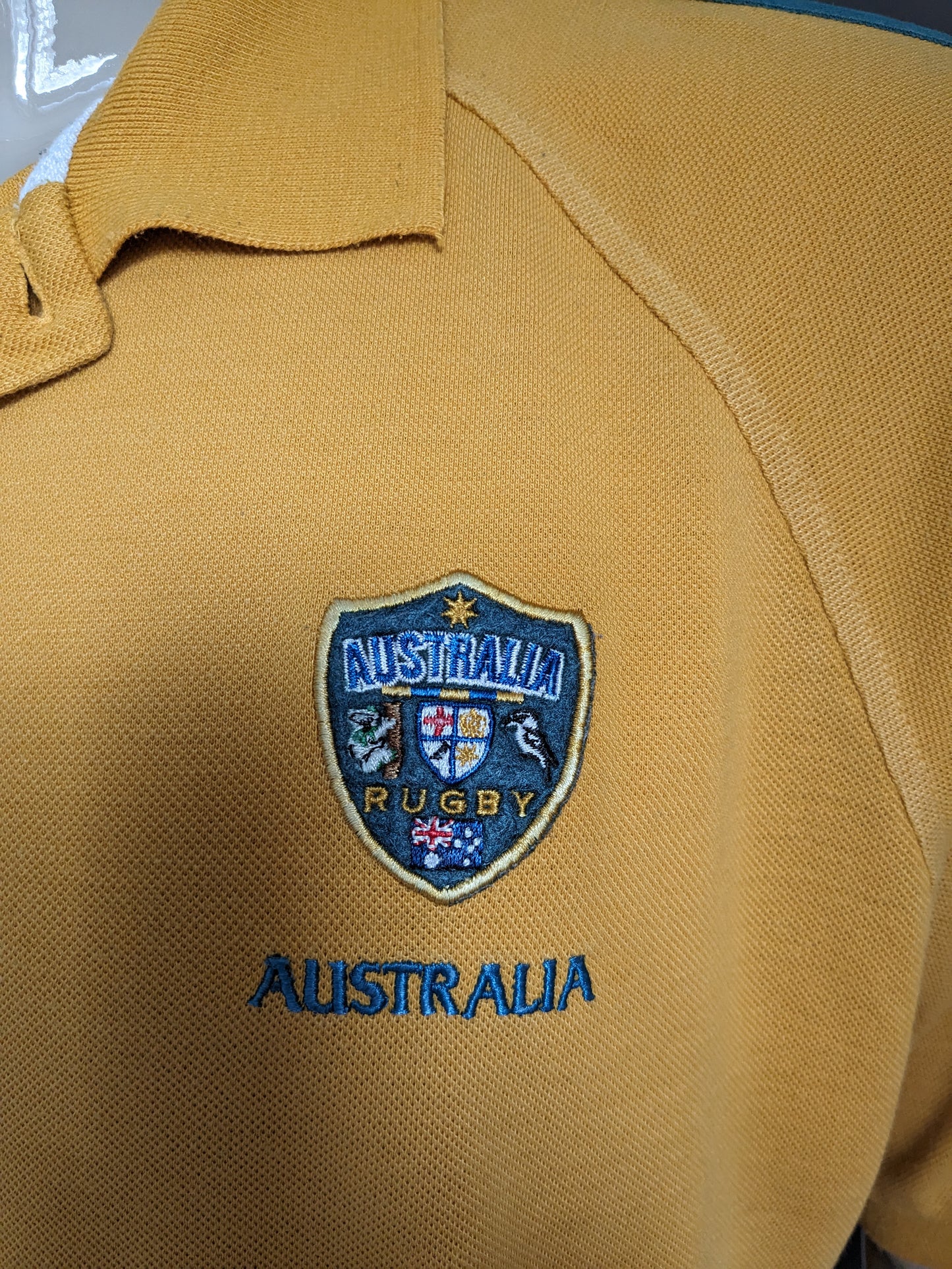 Vintage Australia Rugby polo. Groen Wit Geel gekleurd. Maat 2XL / XXL.