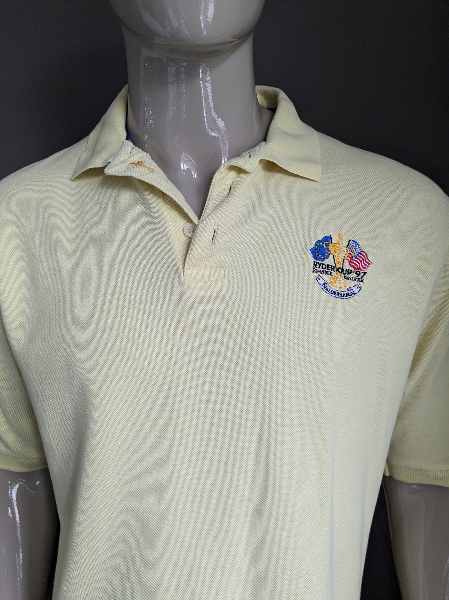 Vintage Glenmuir "Ryder Cup 97" Polo. Hellgelb gefärbt. Größe L.