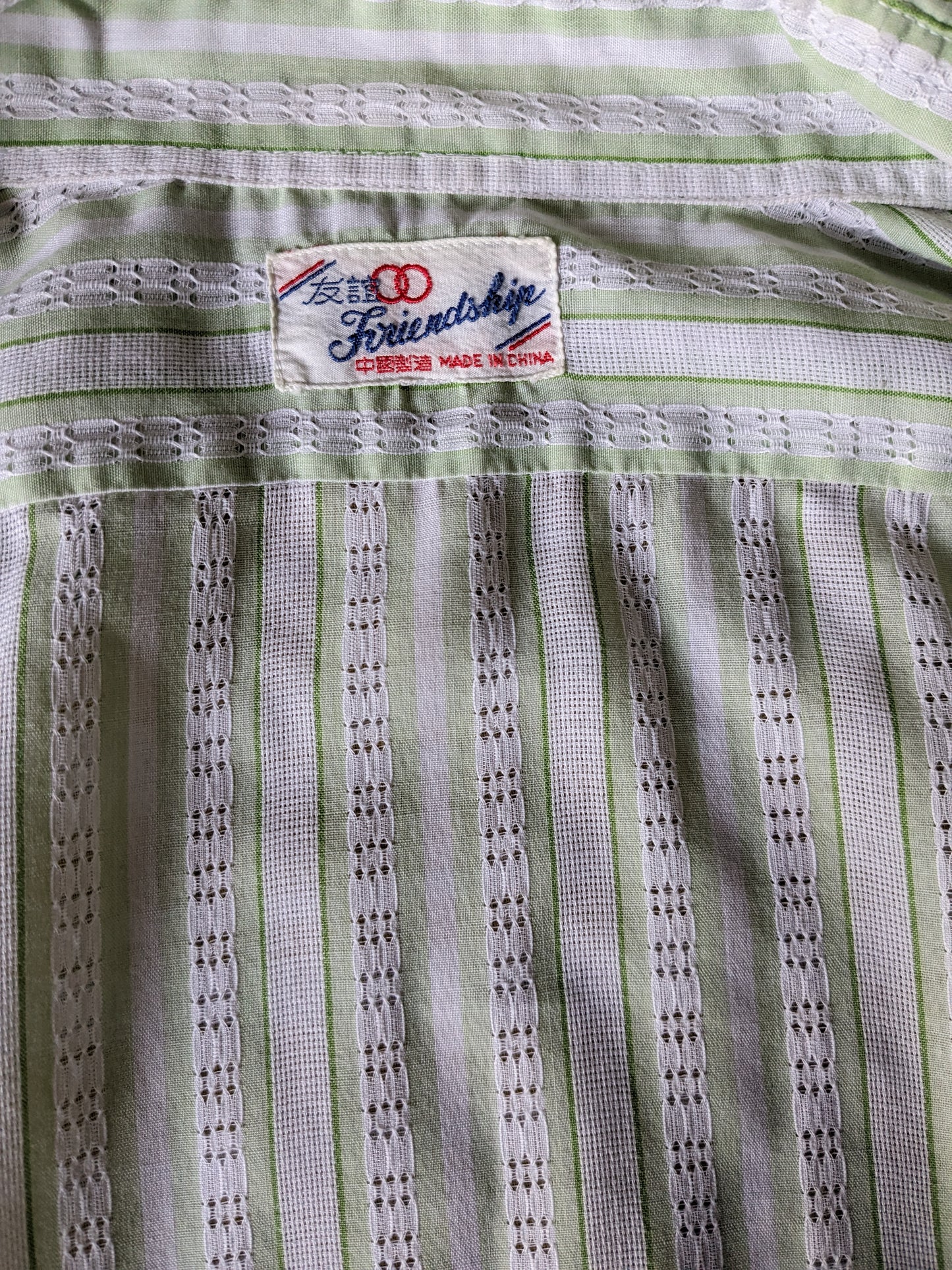 Vintage Friendship Shirt Short sleeve with pointed collar. Green white striped motif. Size L.
