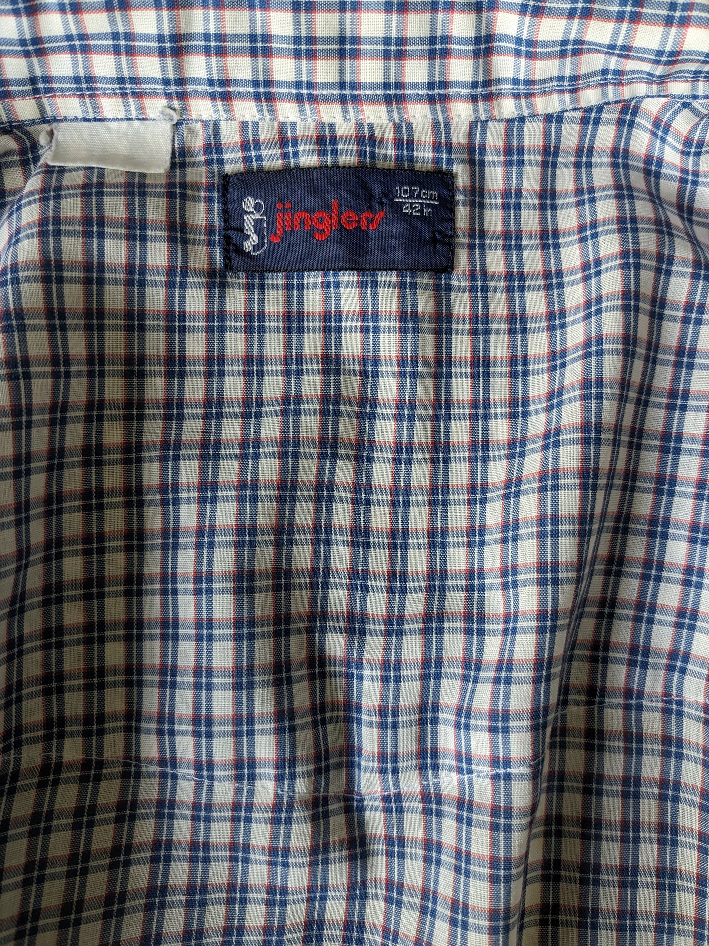Vintage Jingles shirt short sleeve and snaps. Blue white red checked. Size L.