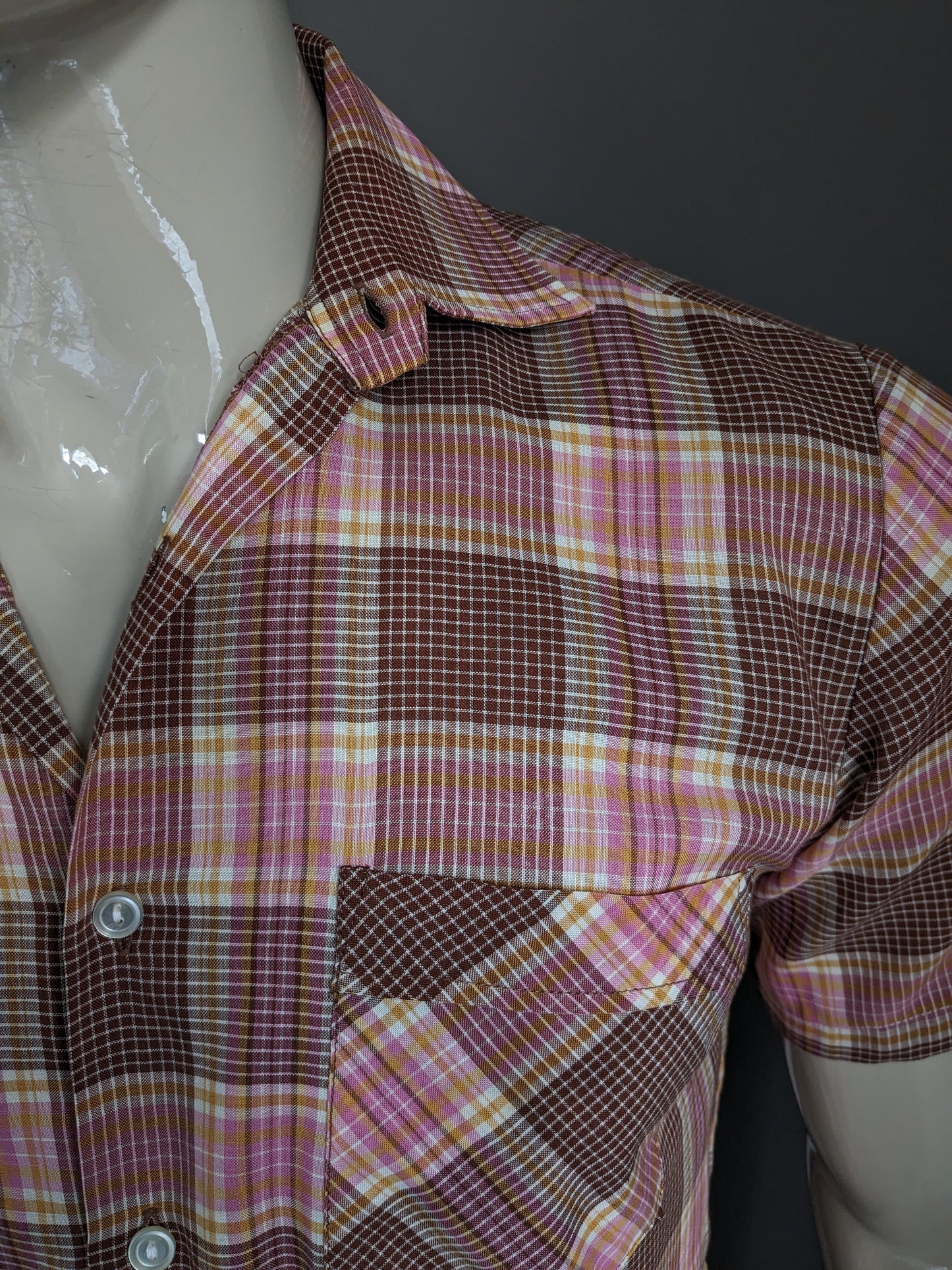 Vintage Fekon 70's overhemd korte mouw. Roze Bruin Geel geruit. Maat M.