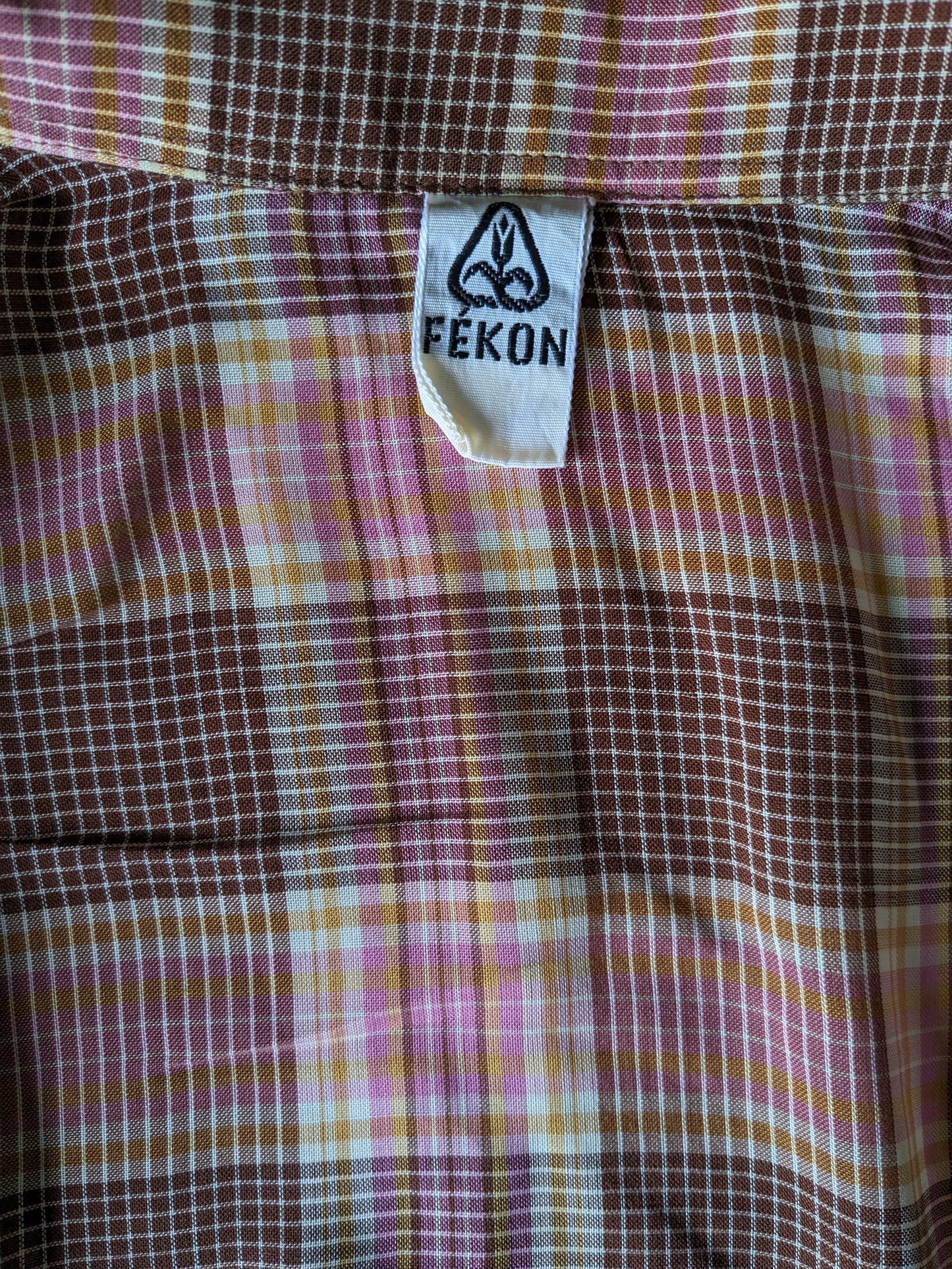 Camisa Vintage Fekon 70 manga corta. Amarillo marrón rosa. Talla M.