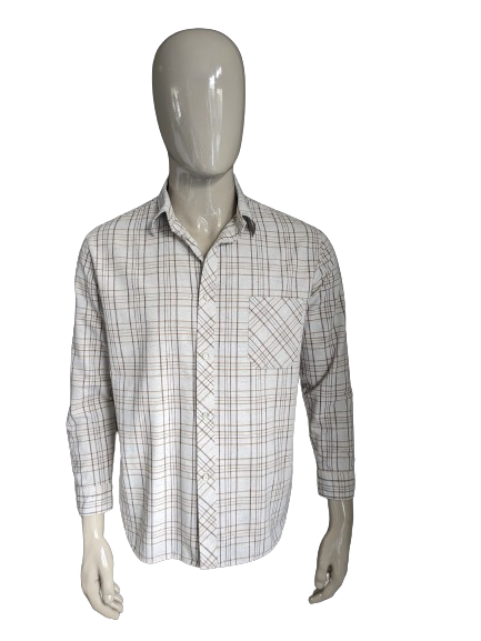 Camisa vintage sin marca. Beige Brown revisado con puntos de color. Talla L.