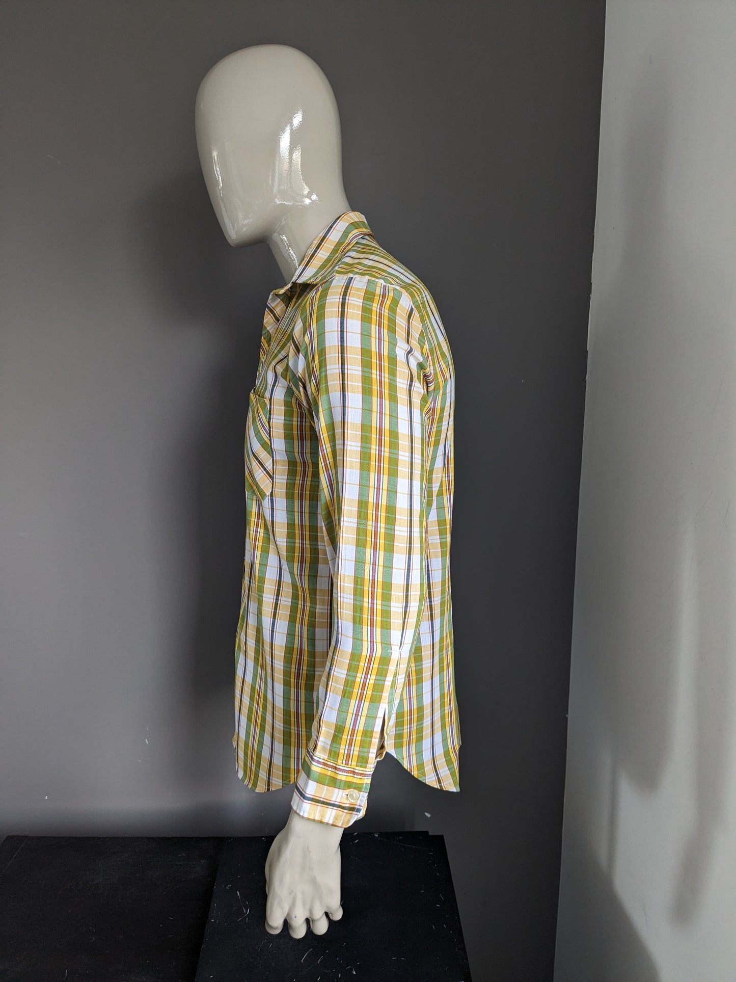 Vintage Fekon overhemd met puntkraag. Geel Groen Rood geruit. Maat M.