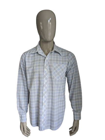 Camicia d'amicizia vintage degli anni '70 con colletto punti. Nero bianco blu controllato. Taglia XL.