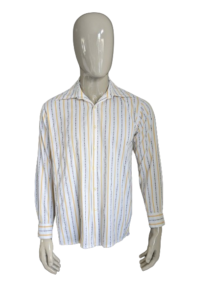 Camisa de los 70 vintage con cuello puntual. Amarillo marrón blanco rayado. Talla L.