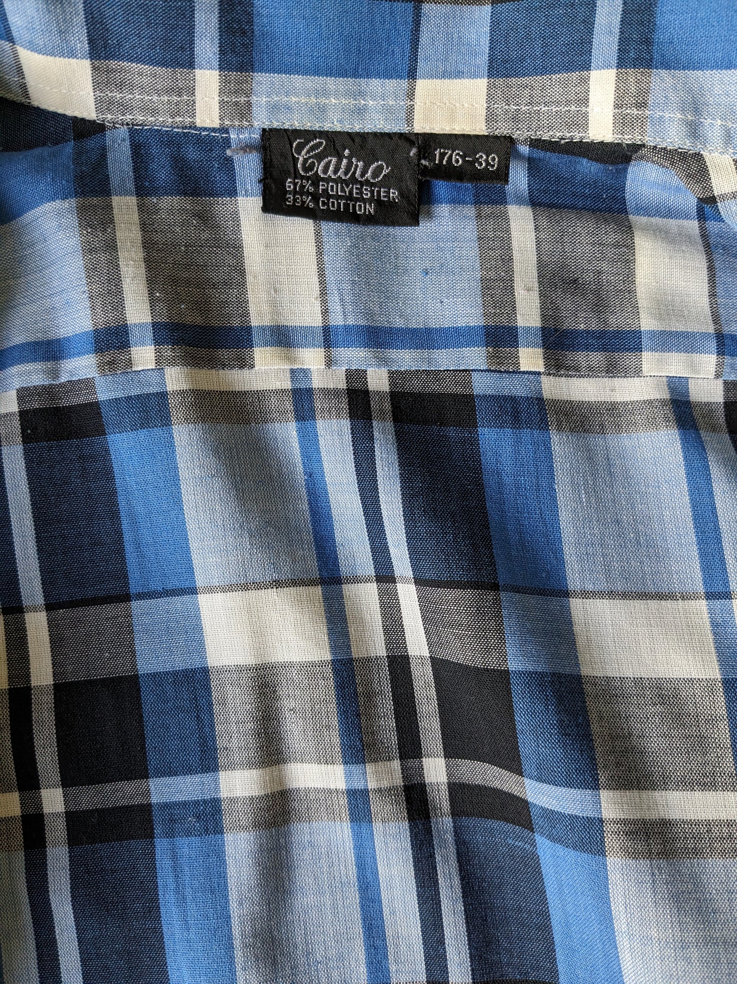 Vintage Cairo 70's overhemd. Blauw Wit Zwart geruit. Maat M.
