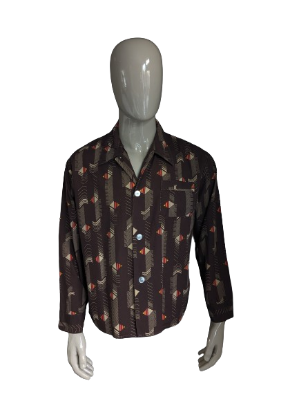 Vintage Fourman 70's overhemd met puntkraag. Bruin Rood Oranje Gele print. Maat 2XL / XXL.