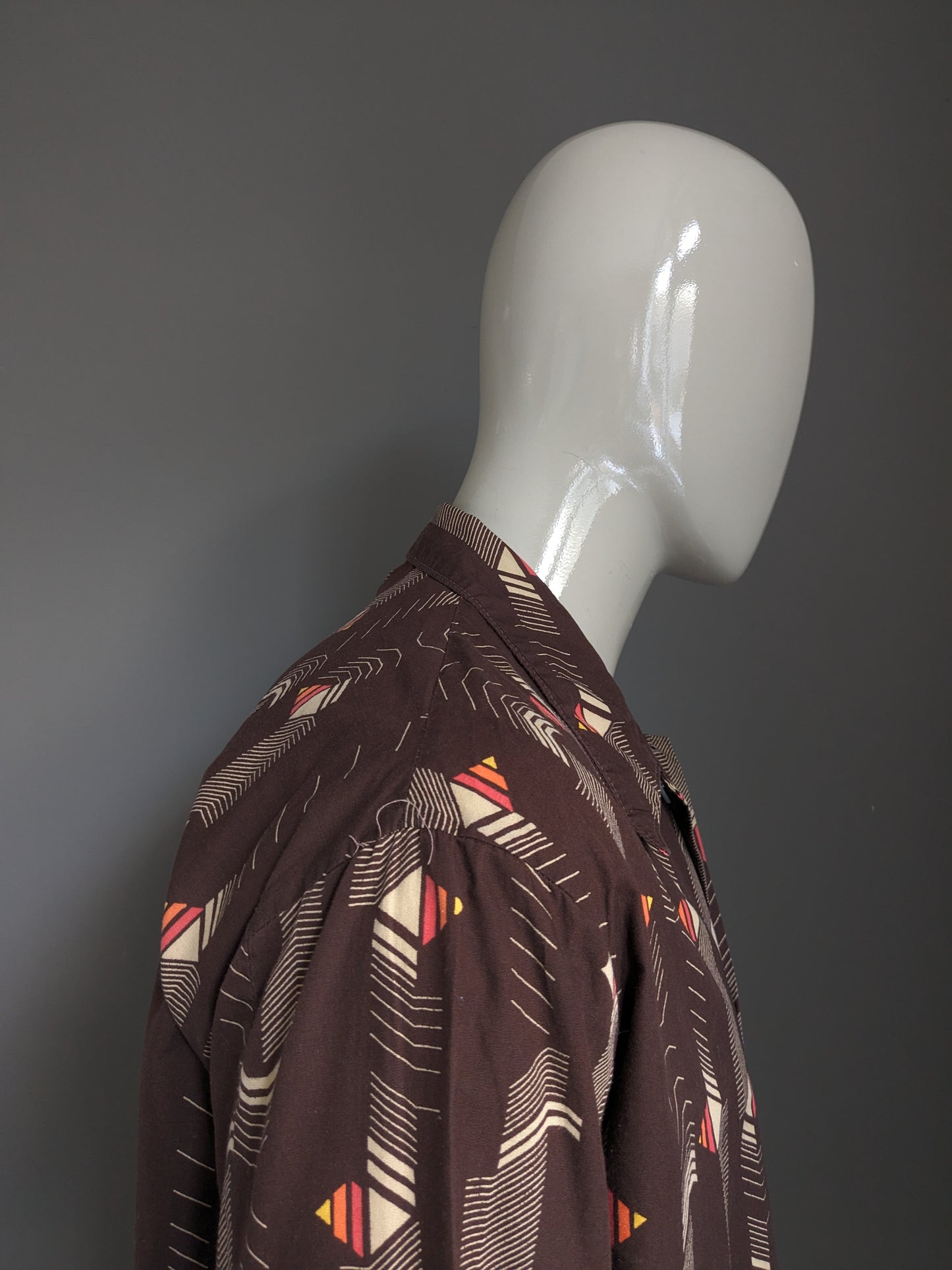 Vintage Fourman 70's overhemd met puntkraag. Bruin Rood Oranje Gele print. Maat 2XL / XXL.