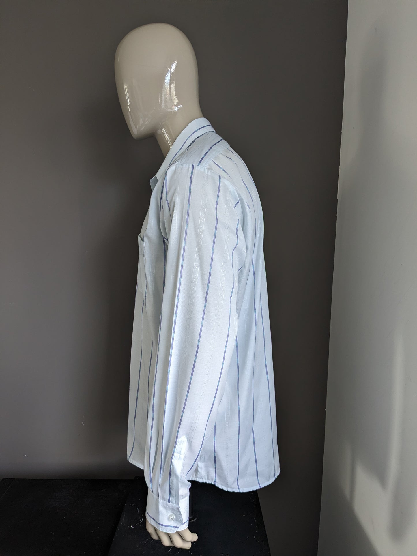 Camisa Vintage Jacqueline de Tancot 70 con cuello de punto. Motivo azul claro. Tamaño XL / XXL-2XL.