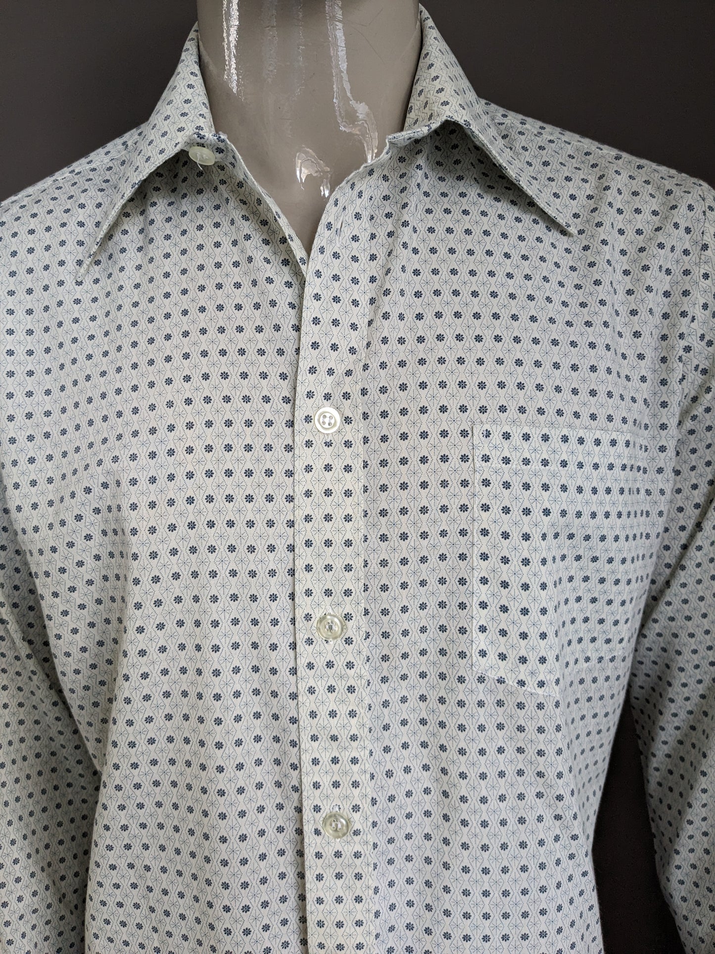Camisa Vintage Fabio 70 con cuello de punto. Beige gris floral. Tamaño xl.
